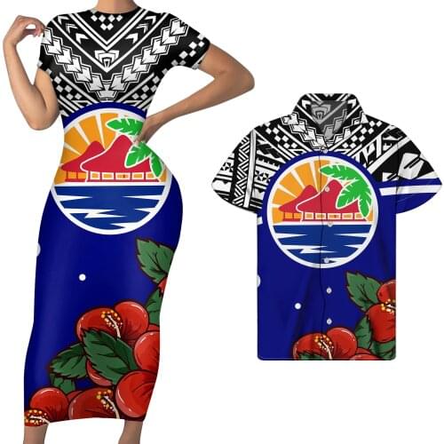 WHEREISART Women Dress Couple Set Sexy Bodycon Dress for Ladies Casual Men Short Sleeve Shirt Haiti Island Summer Sexy Dress