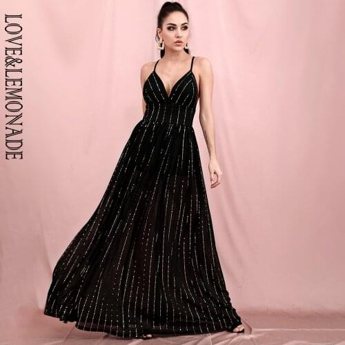 LOVE & LEMONADE Sexy V-Neck Open Back Strap Gold Patch Mesh A-Line Summer Maxi Dress LM82466