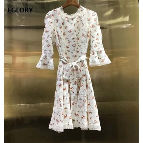 Top Quality New 2020 Summer Runway Dress Women Charming Flower Print Appliques Lace Patchwork Flare Sleeve Vintage Dress Blue