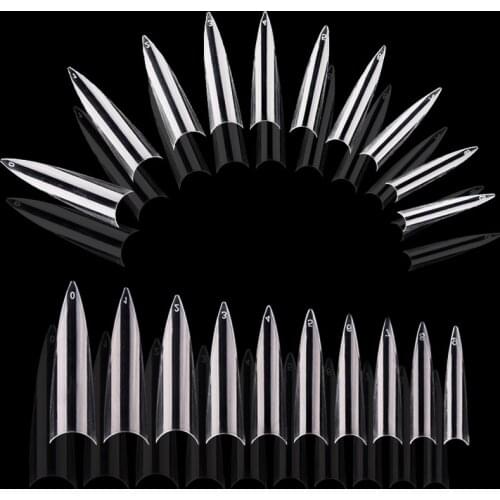 1Bag 500pcs Acrylic Long Stiletto False Nails Tips Full Cover DIY Artificial Fake Nail 10 Sizes ABS Nail Salon Transparent Clear