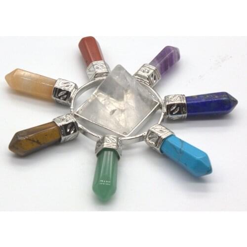 100-Unique Exclusive Design Silver Plated Rock Crystal Pyramid Multi Color Hexagon Column Stone Energy Emitter Pendant