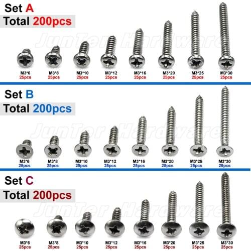 200pcs M3(3mm) A2 Stainless Steel Phillips Pan Flat Truss Head Self Tapping Screws Assortment