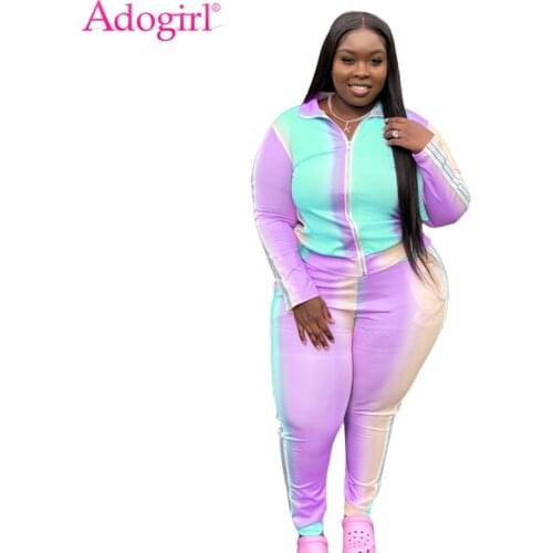 Adogirl Rainbow Changing Color Plus Size Women Casual Two Piece Set L-5XL Long Sleeve Zipper Jacket Top Pencil Pants Tracksuit