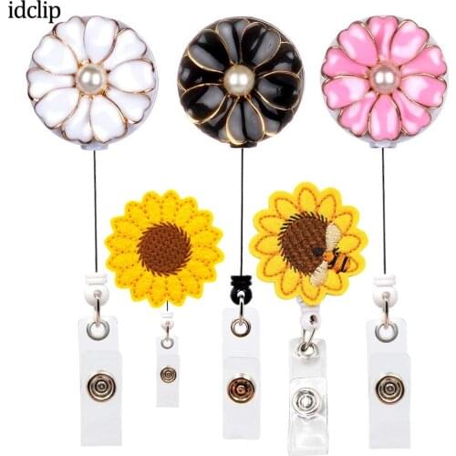 Idclip 1PC ID Retractable Badge Holder with Alligator Clip Flower Retractable Cord ID Badge Reel with Pearl 24 inch