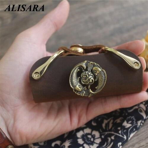 Key case Vintage Leather Key Wallet Keychain Pocket Holder Key Organizer Holder Dark brown Personalized name fish sculpture