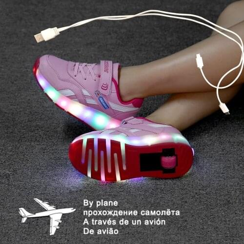 28-40 Pink Black USB Charging Fashion Girls Boys LED Light Roller Skate Shoes For Children Kids Sneakers With Wheels One wheels