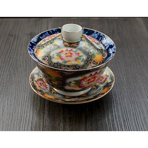 Silk cutting enamel three talents cover bowl retro court style tea set ceramics tea making apparatus tea cup antique