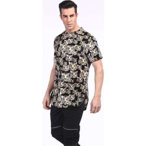 Men Extended Shirt Velour Mens Hip Hop T Shirts Golden Side Zipper Tiger Logo Velvet T Shirt extended long shirt USA size