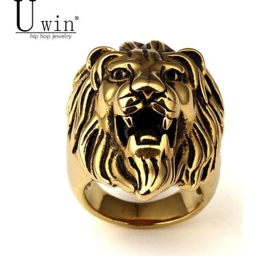 UWIN Men Stainless steel Ring Hip hop Punk Style Vintage Golden Color Black Oil Lion Head Rings Jewelry Size 7-15