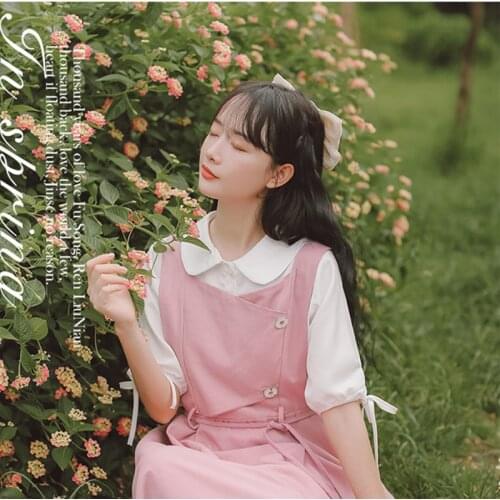 Kawaii Summer Dress Set White Doll Collar Cute White Shirt Top and Pink Casual Sweet Daisie Strap Skirt OL Suit