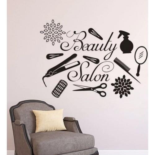 Beauty Salon Logo Wall Decal Hairdresser Tools Wall Sticker Make Up Vinyl Window Sticker Beauty Studio Wall Decoration AZ091