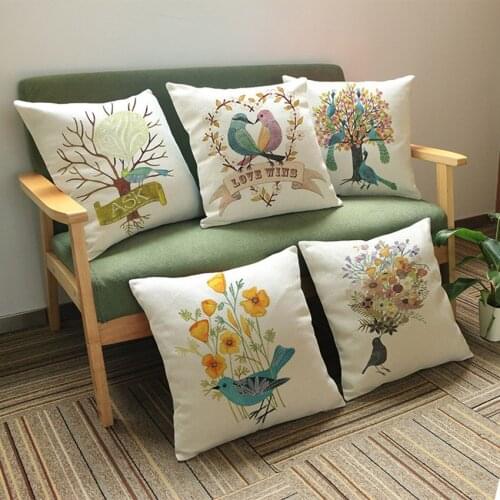 Wedding Cushion Cover Love Birds With Trees Cotton Linen Decorative Pillow case Home Decor Plant Print Cusions square 45*45cm