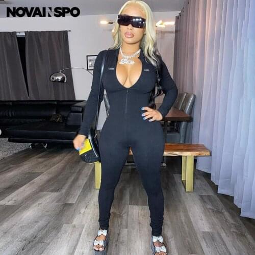 NOVAINSPO Embroidery Solid Zipper Long Sleeve Bodycon Jumpsuit Fashion Casual Spring Fitness Basic Sporty Outfits One Piece Slim