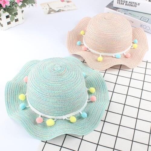 2019 New Summer Girls' Straw Hat Wave Side Color Ball Sun Hat kids Sun Hat Baby Beach Hat Childrens cap
