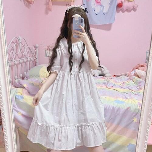 2020 Summer New Japanese Sweet Ageing Short-Sleeve Dress Womens College Loose High Waist Doll Collar Skirt sweet lolita dress