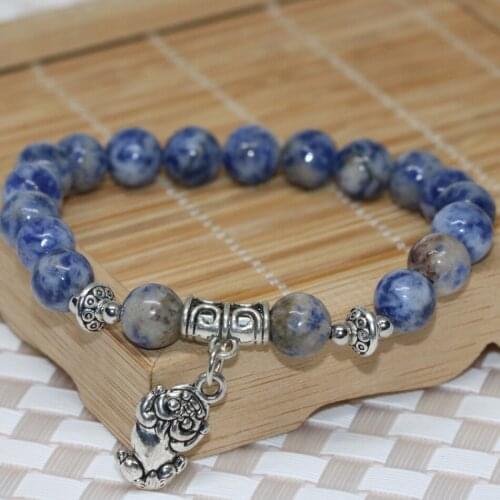 Original Design Blue Spot Dot Beaded Strand Bracelet Round Stone Beads 8mm Elastic Vintage Elegant Jewelry Making 7.5inch B2031