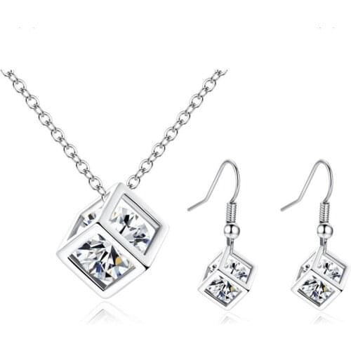 Pupular Hook Earrings Silver Color Gold Color Cube Studs Pendant Necklace Women Wedding Jewelry Sets