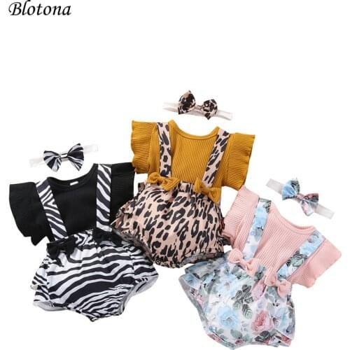 Blotona Baby Girls Casual 3Pcs Suit Sweet Solid Color Fly Sleeve T-shirt and Print Suspender Shorts with Headband, 0-18Months