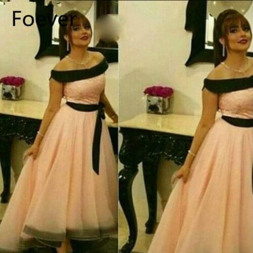 Pink Ankle Length Hi Lo Evening Dresses Bateau Neckline Off the Shoulder Upper body Waist Sash Cheap Short Evening Dress