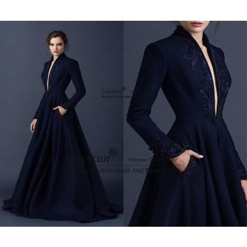 Navy Blue Satin Evening Dresses Embroidery Paolo Sebastian Dresses Custom Made Beaded Ball Gown Plunging V Neck Prom Gowns