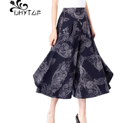 UHYTGF Fashion women summer pants print high waist thin wide leg pants elegant skirt pants casual beach plus size trousers 1606