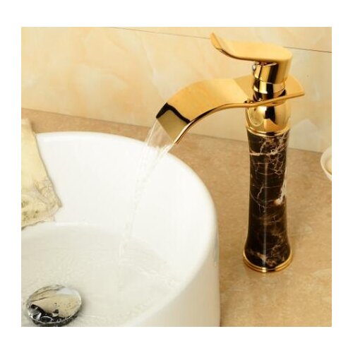 Vidric Tall Gold Basin Waterfall Faucet + Free Pipe, Jade Body Cold and Hot Water Mixer Tap Bathroom Sink Faucet Golden Finished