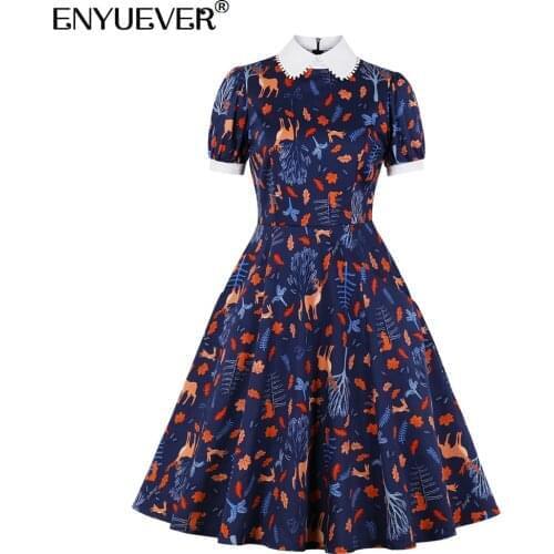 Enyuever Blue Vintage Dress Summer Clothes Short Sleeve Peter Pan Collar Tree Leaf Animal Print Robe Pin Up Swing Casual Dresses