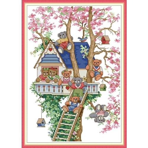 Bears Tree House Stamp Cross Stitch Cartoons Printing Counted Cross Stitch 14CT 11CT Fabric Embroidery Handmade Needlework Sets