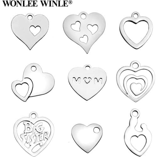 Wonlee Winle DIY Full Polished 316l Stainless Steel Love Heart Charms Pendants for Bracelet Necklace Jewelry Making