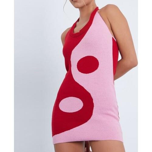 Women Gothic Pachtwork Knitted Dress Summer Sleeveless Backless Slim Halter Dress 90s Vintage Clothes Y2K Aesthetic Streetwear