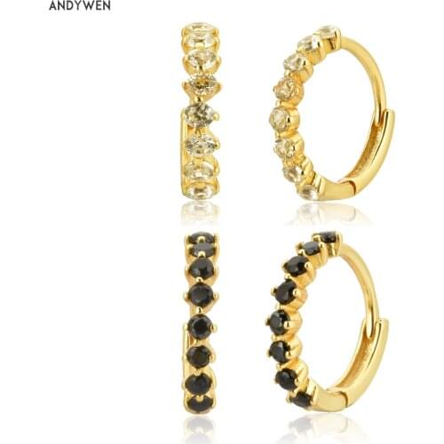 ANDYWEN 925 Sterling Silver 9.5mm Pendiente Crystal CZ Hoops Rainbow Luxury Women Huggies Circle Round Black Earring Jewelry