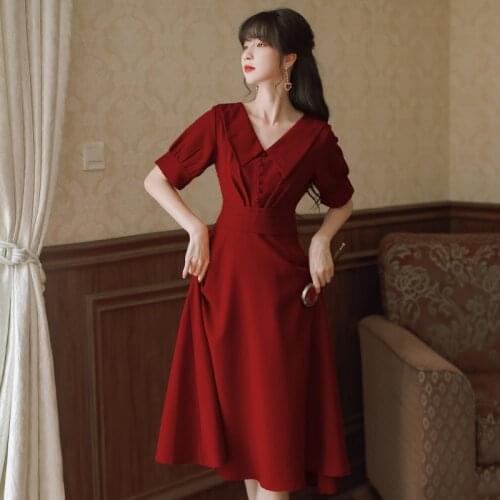 Women Summer Short Sleeved Dress Red Elegant Party Vestido 2021 New French Retro Girl Single-breasted Lapel Temperament Dresses