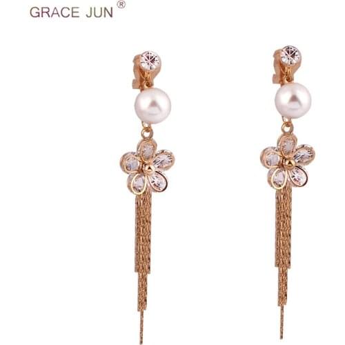 GRACE JUN High-grade Rhinestone Pearl Clip on Earrings No Pierced for Women Fashion Tassel Brincos Long Drop Pierced Earrings