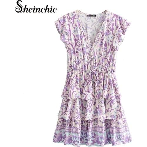 Boho Bohemian Beach Dress Women 2021 Summer Elegant Ruffles Short Sleeve Floral Printed Mini Dresses V-neck Robe Femme
