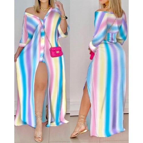 Autumn Loose Striped Shirt Dress Women Fashion V-neck Long Sleeve Loose Striped Print Slit Maxi Dress for Women
