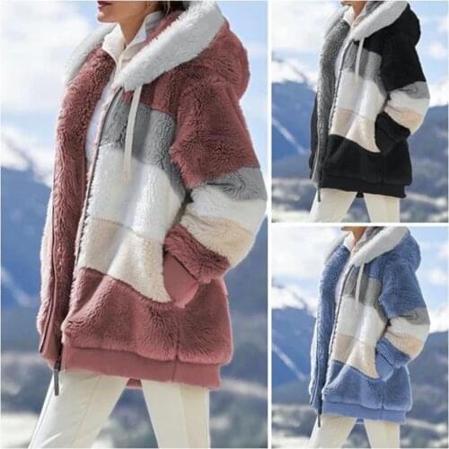 Winter Women Jacket Fashion Plush Patchwork Zipper Pocket Hooded Jacket Retro Loose Long Sleeve Plus Size Coat Top Fast Deliver
