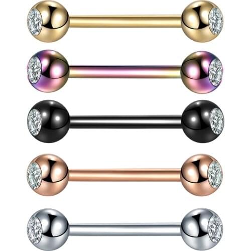 1Pc Stainless Steel Straight Barbell Tongue Rings Crystal Ear Studs Externally Threaded Tongue Studs Body Piercing Jewelry