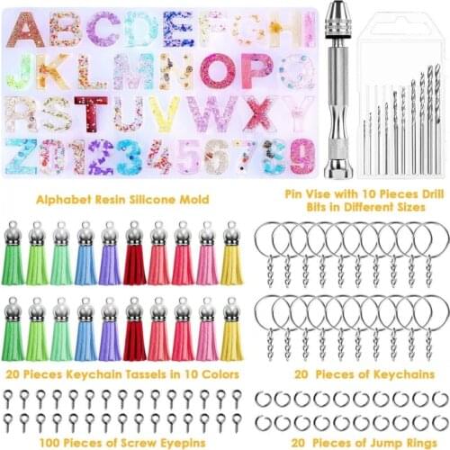 172pcs Alphanumeric Letter Crystal Epoxy Resin Molds Designer DIY Keychain Pendant Material Tools Kit with Tassel Silicone Mold