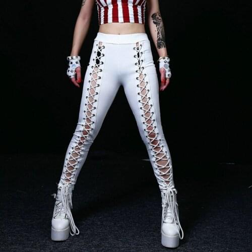 2021 White Black Hop Hop Pants Women Dance Singer Bandage Hollow Out Nightclub Perform Skinny Lace Up Pants Women street dance
