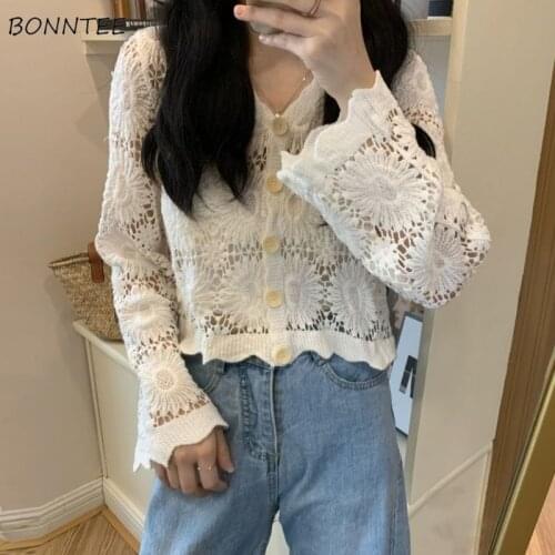 Blouses Women Hollow Out Knitted Vintage Tender V-Neck Long Sleeve Shirt Mujer 2021 Solid Straight Cropped Korean Style Retro BF