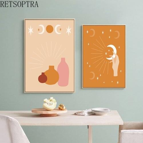Bohemia Abstract Landscape Poster Print Moon Sun Canvas Print Wall Picture Boho Style Art Painting for Room Decor Orange Color