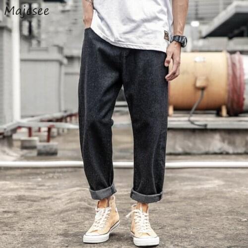 Men Jeans Straight Solid Low Waist Teenagers Harajuku Leisure Retro Loose Trousers All-match Baggy Denim Ankle Length Fashion