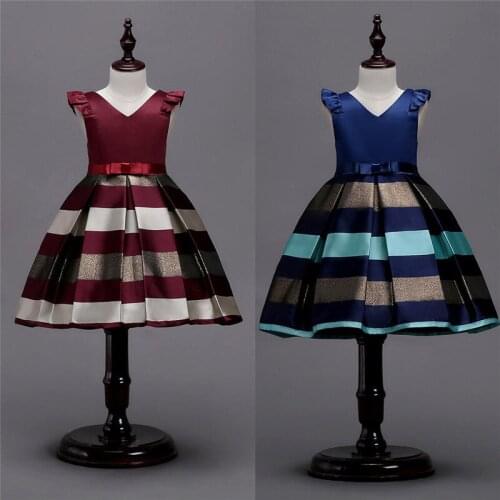 Elegant Kids Girls Dress Baby Toddler V Neck Princess Party Birthday Wedding Dress Stripe Patchwork Dresses 2-10Y