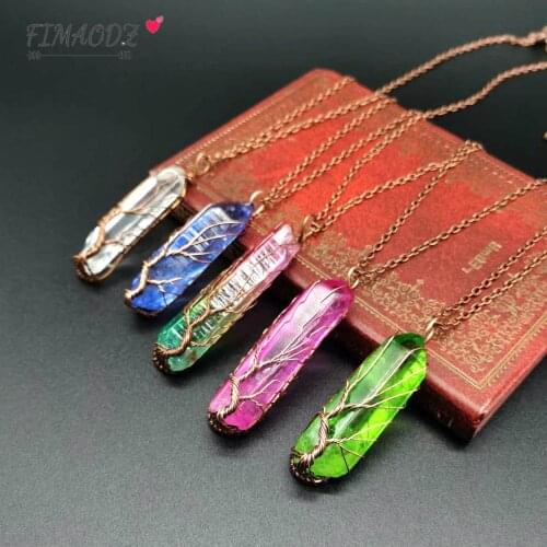 FIMAODZ 7 Chakra Reiki Healing Stone Necklace Tree of Life Blue Green Crystal Quartz Pendant Fashion Womens Necklaces
