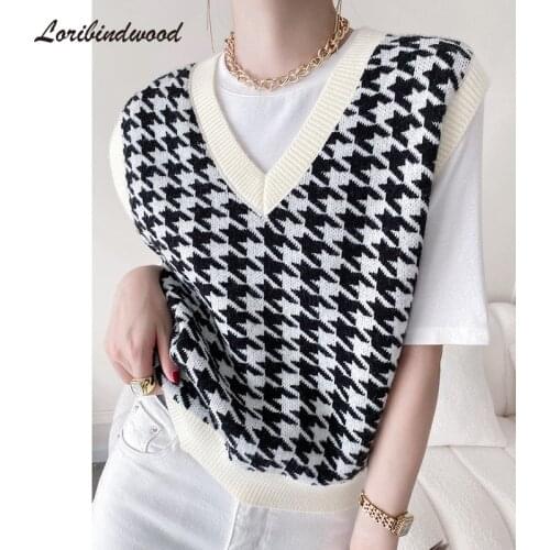 Loribindwood Chic Plaid V-neck Women Vest Jumpers 2021 Autumn Sleeveless Loose Women Sweater Casual Female Pullovers Tops