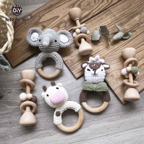 Lets Make 2pcs Wooden Baby Toys Set Wooden Beads Woven Wood Ring Kit Gym Wood Animal Rattles Wooden Teether BPA Free Kids Toys