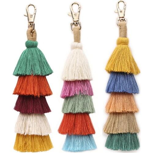 ZWPON 2019 New Boho Colorful 5 Layered Cotton Tassel Bag Keychain for Women