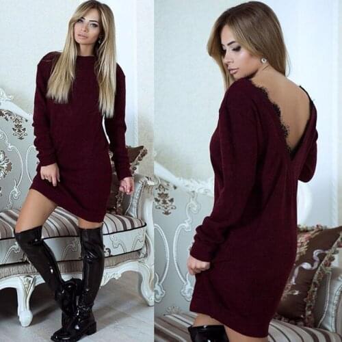 Autumn Women Dress Fashion Sexy Backless Long Sleeve Package Hip Dress Back Lace Patchwork Solid Short Dress Vestidos
