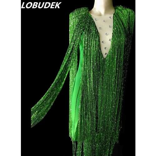 Green/Red/Rose Long Tassels Dress Female Star Singer Host Evening Performance Costume Nightclub Concert Stage Fringes Dresses