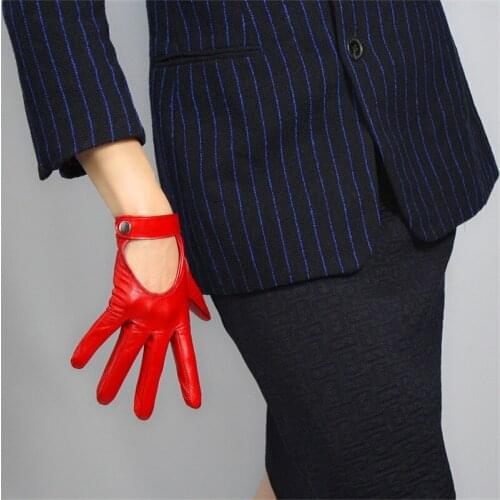 2020 Touchscreen Red Real Leather Gloves 19cm Pure Sheepskin Locomotive Hand Back Short Snap Button Silk Lining Female WZP04